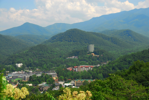 Gatlinburg Tennessee - An aerial view of Gatlinburg Tennessee, USA, nesled in the valley of the Smoky Mountains.