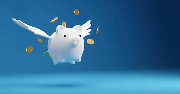 Savings concept design of piggy bank with wings flying and gold coins on blue background 3D render