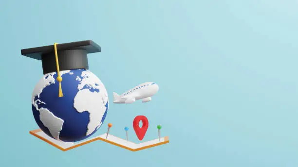 Photo of Study abroad concept design of world with graduation cap and plane map pin and location sign 3D render