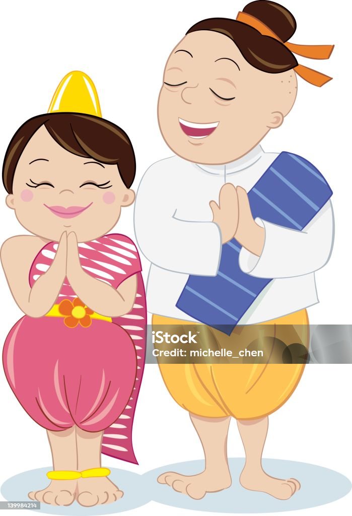 Pequena menina e papai tailandesa - Vetor de Criança royalty-free