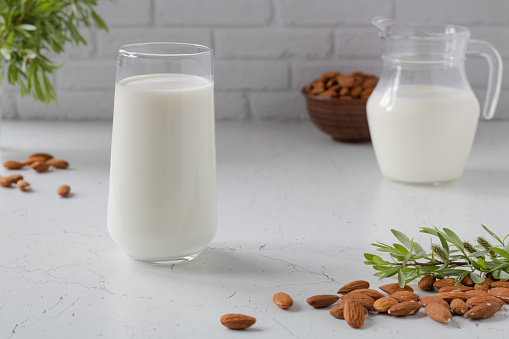 A glass of almond milk, next to it is a bowl of almonds, a jug, almonds and sprigs of greens.
