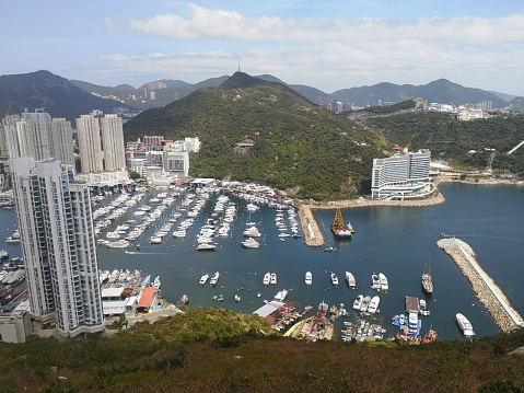 Residential buildings over the typhoon shelter at Ap Lei Chau, viewed from Mount Johnston, Hong Kong
