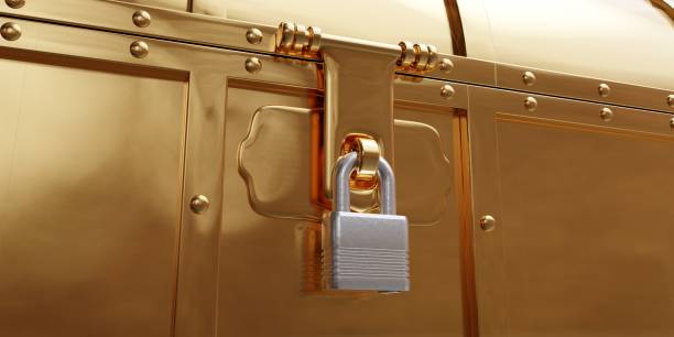 istock Old gold pirate trunk closed, locked. Treasure chest padlock close up. Safe fortune. 3d render 1399846343