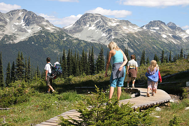 A family hiking with mountains in the background