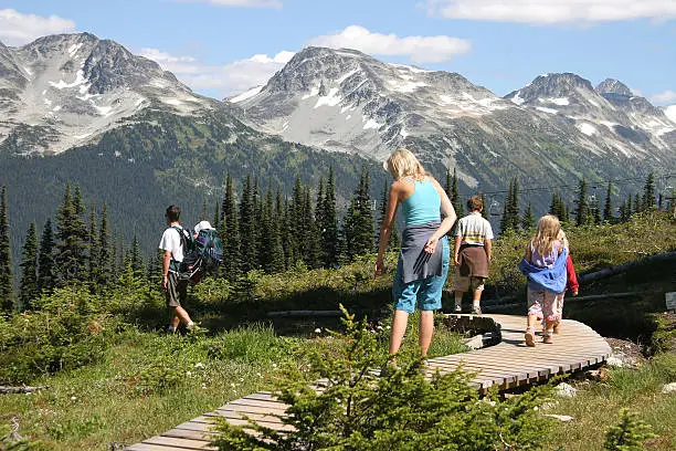 Photo of A family hiking with mountains in the background