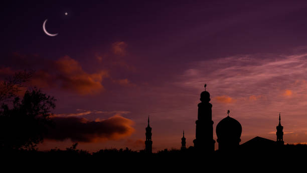 istock Mosques Dome on dark night with Crescent Moon on black background. 1399847688