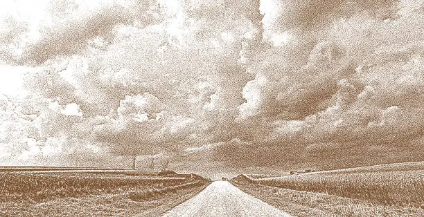 Vector illustration of Nebraska storm clouds over farm fields