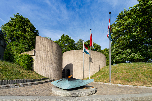Luxembourg city, May 2022.  view of the Monument National de la Solidarité Luxembourgeoise in a city center park