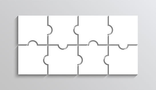 Jigsaw puzzle grid. Thinking mosaic game with 2x4 pieces. Laser cut frame. Simple background with 8 separate details. Vector illustration. Paper leisure toy.