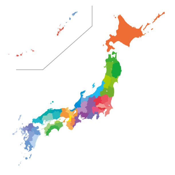 Color-coded map of Japan Color-coded map of Japan kanto region stock illustrations