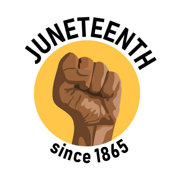 주먹, 둥근 배지 스탬프 핀 디자인으로 아프리카 계 미국인의 손을 들어 올렸습�니다. juneteenth 소셜 미디어 게시물, 인사말 카드 템플릿. - postage stamp design element mail white background stock illustrations