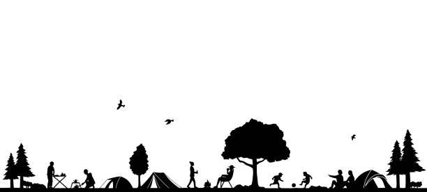 ilustraciones, imágenes clip art, dibujos animados e iconos de stock de vista panorámica del paisaje de acampada de personas, material de fondo, silueta - child silhouette animal copy space