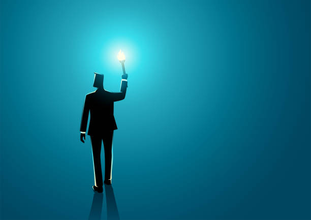 Businessman walking in the dark holding a torch vector art illustration
