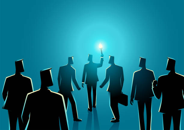 Businessman with torch leading another businessmen behind him Business concept of a businessman with torch leading another businessmen behind him, vector illustration following stock illustrations