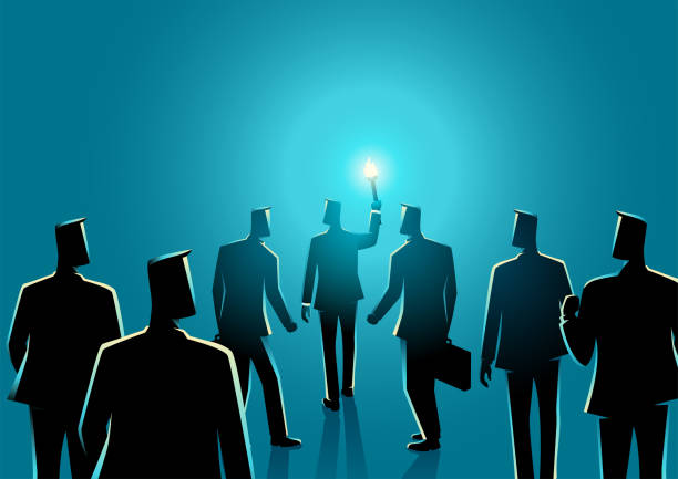 Businessman with torch leading another businessmen behind him Business concept of a businessman with torch leading another businessmen behind him, vector illustration overseeing stock illustrations