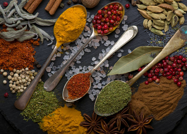 istock Powder spices on spoons in black wooden table background 1399860870