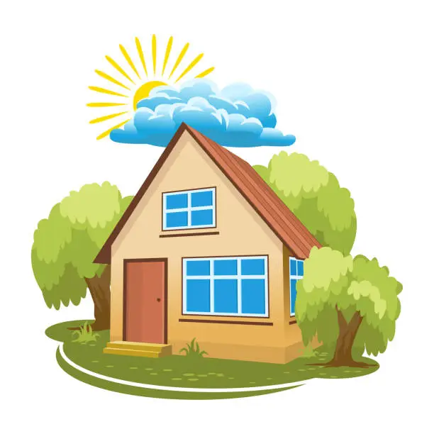 Vector illustration of Summer landscape. House surrounded by trees