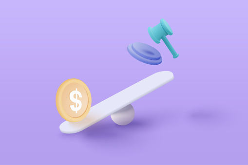 3D money coin compare judge gavel on weighing scales, financial investing, money exchange with law, financial management concept. 3d weighing balance vector render in purple background