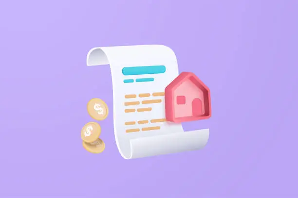 Vector illustration of 3D vector bill with home for payment transaction with money coin. Business house invoice bill expenses idea concept. 3d cartoon render paper receipt for shopping in store isolate purple background