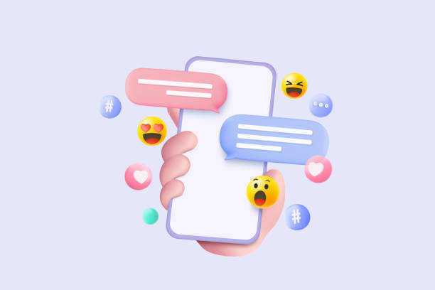 ilustrações, clipart, desenhos animados e ícones de 3d mídia social mínima com emoji, hashtag, discurso sobre segurando mão móvel, otimização de interface para banner e site para conceito de telefone celular mockup. ilustração de renderização vetorial de rede social 3d - apps mobile phone application software social media