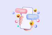 istock 3D minimal social media with emoji, hashtag, speech on mobile hand holding, interface optimization for banner and website for mockup mobile phone concept. 3d social network vector render illustration 1399862305