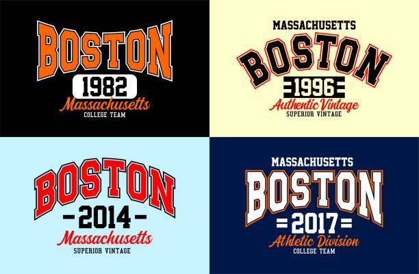 Set Boston athlete university slogan design graphic for t-shirt Print t-shirt designs and other uses for vector illustration boston college campus stock illustrations