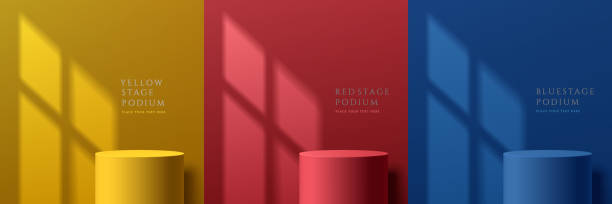 ilustrações de stock, clip art, desenhos animados e ícones de set of abstract 3d room with yellow, dark blue and red realistic stand or podium. vector rendering geometric forms. minimal wall scene with window shadow overlay. stage for showcase, product display. - merchandise multi colored arrangement blue