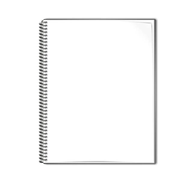 öffnen sie drahtgebundenes notebook-vektor-mock-up. spiral notepad leeres weißes seitenmodell - book open page hardcover book stock-grafiken, -clipart, -cartoons und -symbole