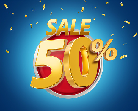 50 percent Off Discount 3d golden sale symbol with confetti. Sale banner and poster 3d illustration