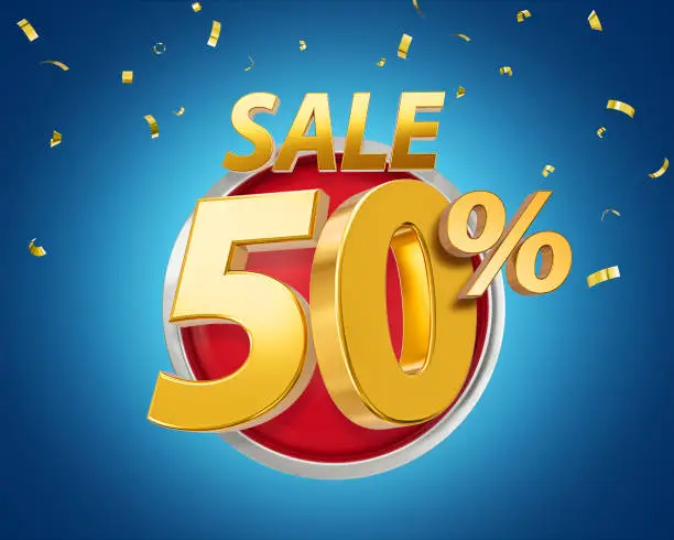 Photo of 50 percent Off Discount 3d golden sale symbol with confetti. Sale banner and poster 3d illustration