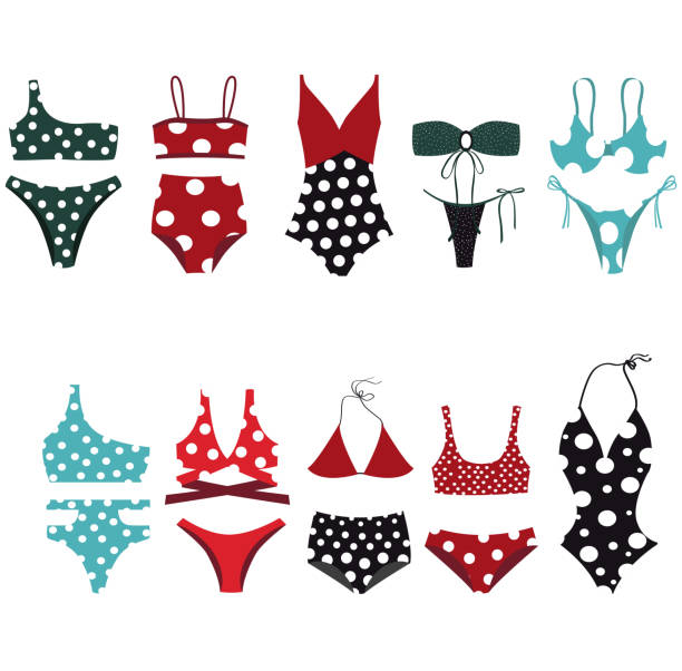 istock Set of polkadot printed swimmingsuits for women flat vector illustration 1399866637