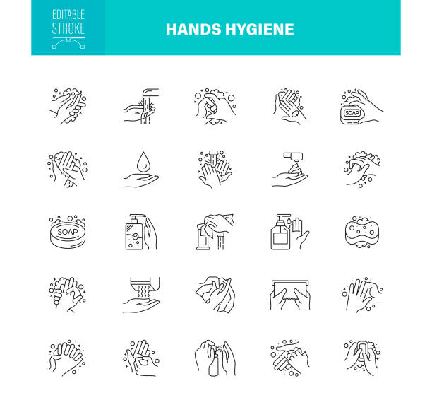 手指衛生アイコン、編集可能なストローク。ウォッシングジェル、スプレー、ジェスチャー、ウェットワイプ、石鹸などのアイコンが含まれています - washing hands human hand washing hygiene点のイラスト素材／クリップアート素材／マンガ素材／アイコン素材
