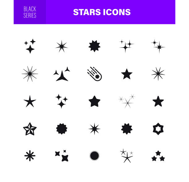 ilustraciones, imágenes clip art, dibujos animados e iconos de stock de iconos de estrellas. serie negra. el conjunto contiene iconos como sparkle, falling star, fuegos artificiales, twinkle, glow, star shape, celebritie, - stars