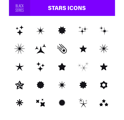 Star icons set. Sparkles, firework, twinkle, glow, glitter burst vector illustrations. Black signs.