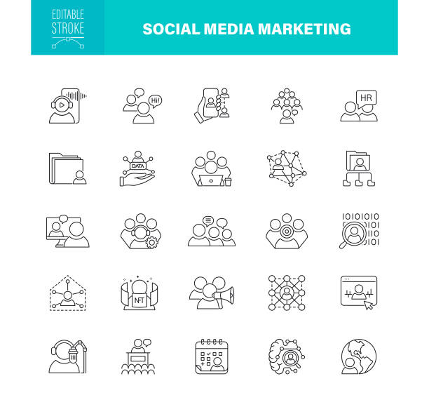 Social Media Marketing Editable Stroke. Contains such icons as  Email Campaign, Creativity, Data, Influencer Social media marketing icon set. Editable stroke. Data marketing, content marketing, digital marketing, conversational marketing, controversial marketing, customer marketing, event marketing, e-mail marketing, customer marketing. news feed icon stock illustrations