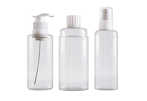 Transparent plastic spray bottles, hands sanitizer isolated on white background