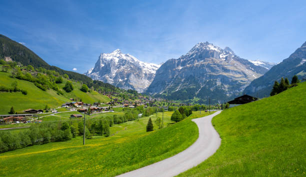 carretera entre prados verdes alpinos con montañas de los alpes en grindelwald en suiza - eiger mountain swiss culture photography fotografías e imágenes de stock