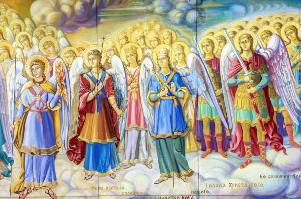kiev, ukraine. archangels council - fragment of historical picture - aartsengel stockfoto's en -beelden