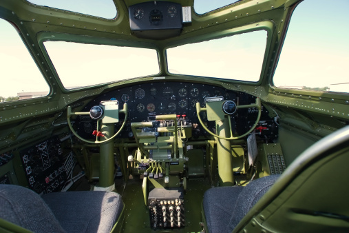 The pilot area of a B-17G bomber on display.