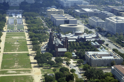 Aerial view of the National Mall in Washington, DC. Shows the Freer, the original Smithsonian building, known as \
