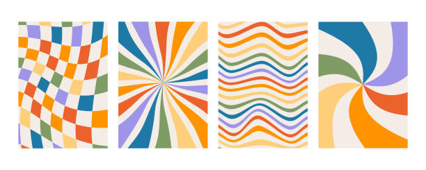 ilustrações, clipart, desenhos animados e ícones de conjunto de estampas retrô groovy com cores arco-íris. fundo quadrimestado com quadrados distorcidos. pôster abstrato com distorção. cartaz psicodélico geométrico dos anos 70. design de arte minimalista à moda antiga. - funky
