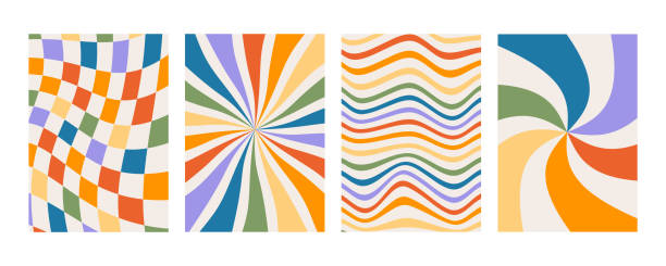 set of retro groovy prints with rainbow colors. checkered background with distorted squares. abstract poster with distortion. 70s geometric psychedelic placard. minimalistic old-fashioned art design. - 彩虹 插圖 幅插畫檔、美工圖案、卡通及圖標