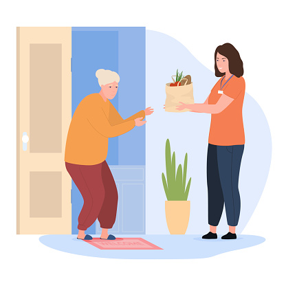 Woman volunteer helping elderly people delivery grocery food home door vector flat illustration