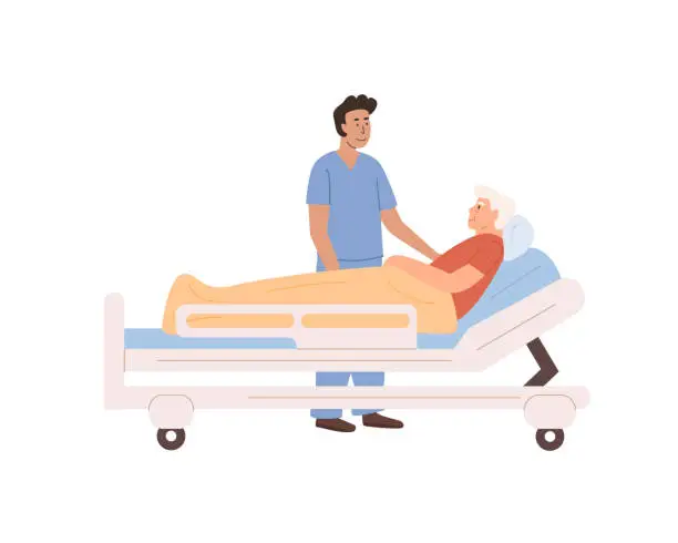 Vector illustration of Doctor or nurse visit patient at hospital. Medical personnel working at clinic. Home care services for elderly people. Sick old man lying on bed. Residential care facility. Vector flat illustration.