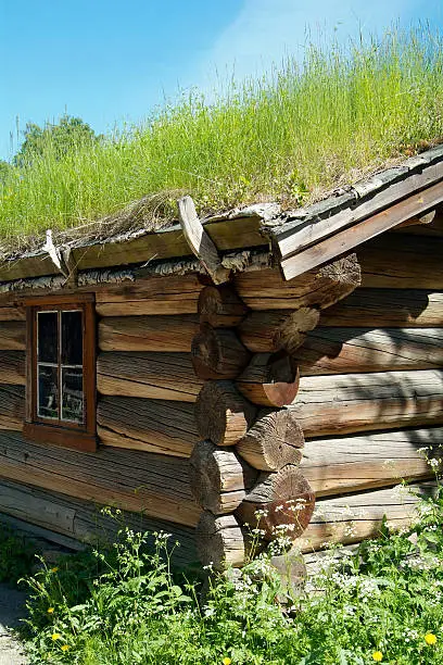 Detail of old, traditional log-cabin in Norway