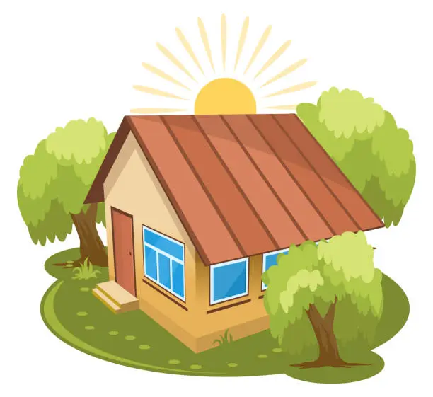 Vector illustration of Summer landscape. House surrounded by trees