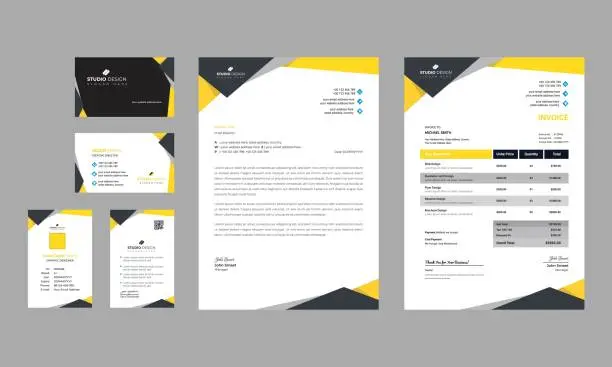 Vector illustration of modern clean yellow and black business office stationery set design