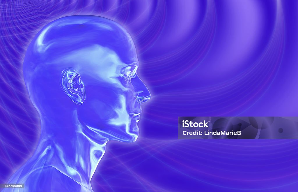 Violet Brainwaves Background 3D render of a glass male head, placed on a violet 'brainwaves' background. Human Brain Stock Photo