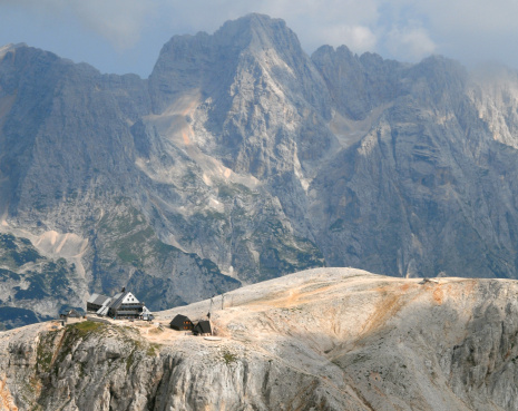 Photo from air perspective, Mountain hut Kredarica, above Triglav, the highest slovenian mountain, slovenia, europe