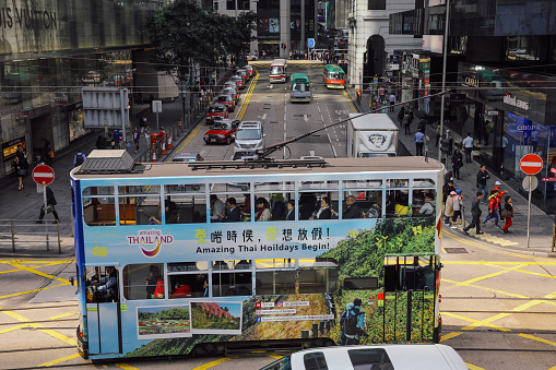 Hong Kong, Hong Kong - 12 05 2017: Hong Kong city tramway busy street traffic business district.